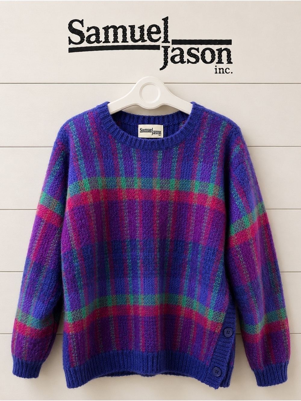 SAMUEL JASON Purple Multicolor Vintage 80s Knit Sweater – Size 36 oversized